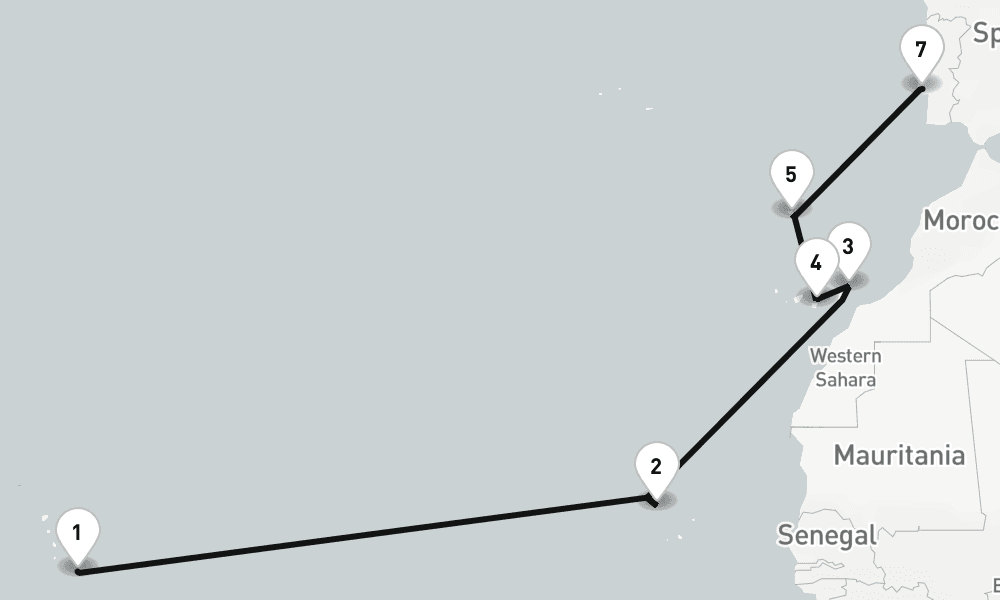 14 days, one-way from Bridgetown to Lisbon 15日間