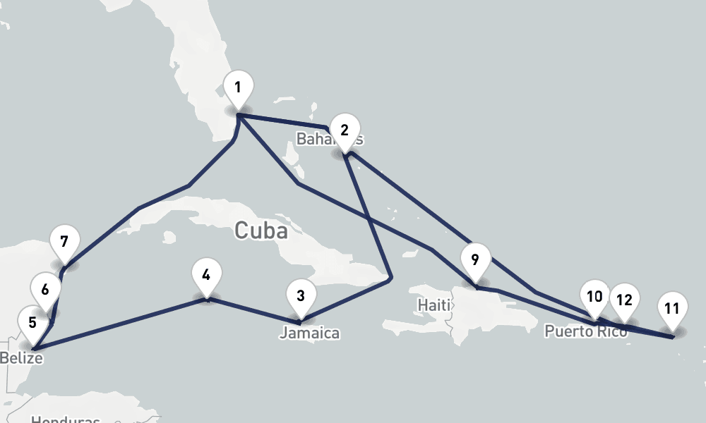 18 days, round-trip Western Eastern Caribbean Mexico San Juan 19日間