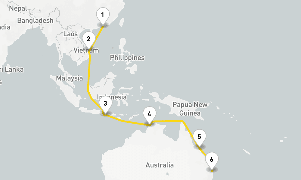 16 days, one-way from Hong Kong to Brisbane 17日間