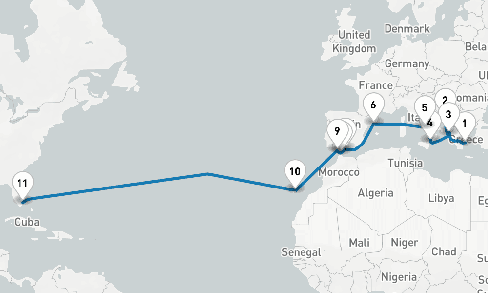 22 days, one-way from Piraeus-Athens to Fort Lauderdale 23日間