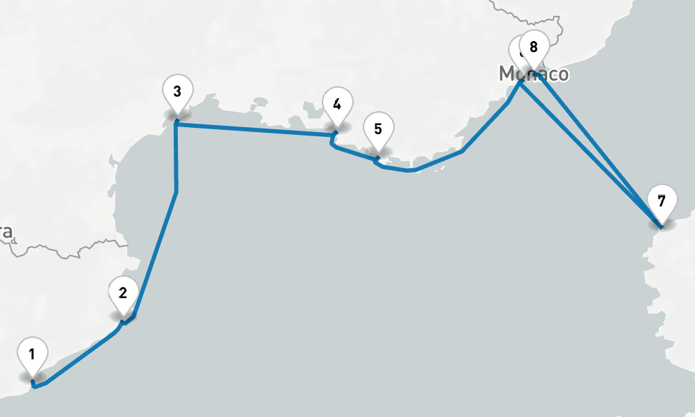 7 days, one-way from Barcelona to Monte Carlo 8日間