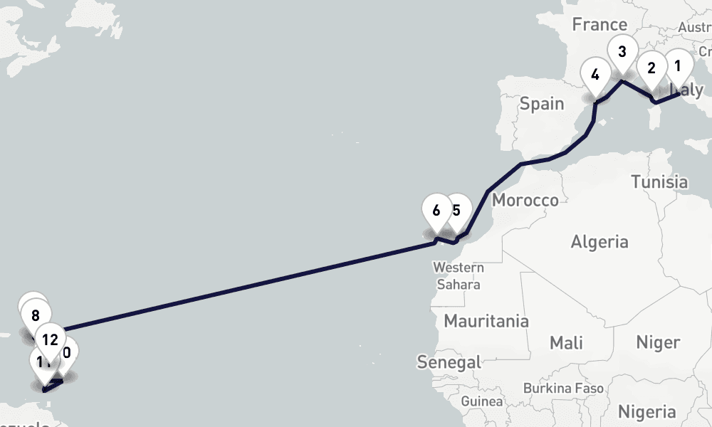 20 days, one-way from Civitavecchia-Rome to Fort-de-France 21日間