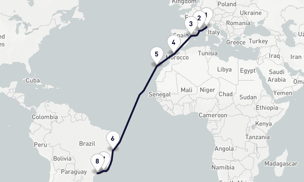 16 days, one-way from Genoa to Santos 17日間