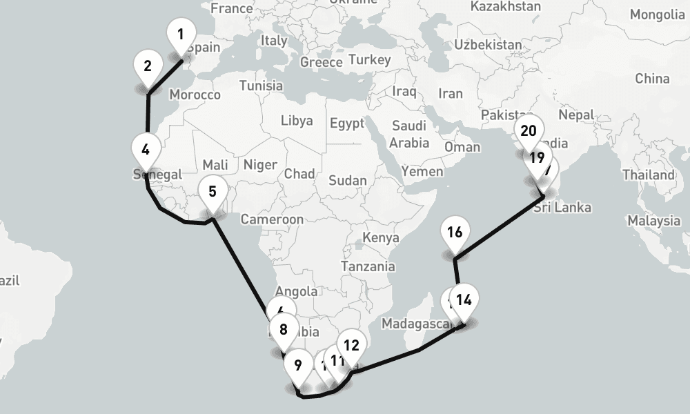 42 days, one-way from Lisbon to Mumbai 43日間