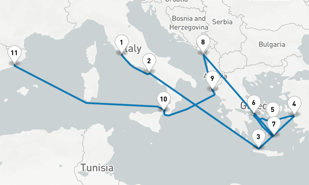 14 days, one-way from Civitavecchia-Rome to Barcelona 15日間