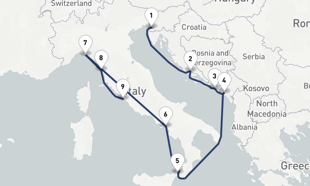 10 days, one-way from Trieste to Civitavecchia-Rome 11日間
