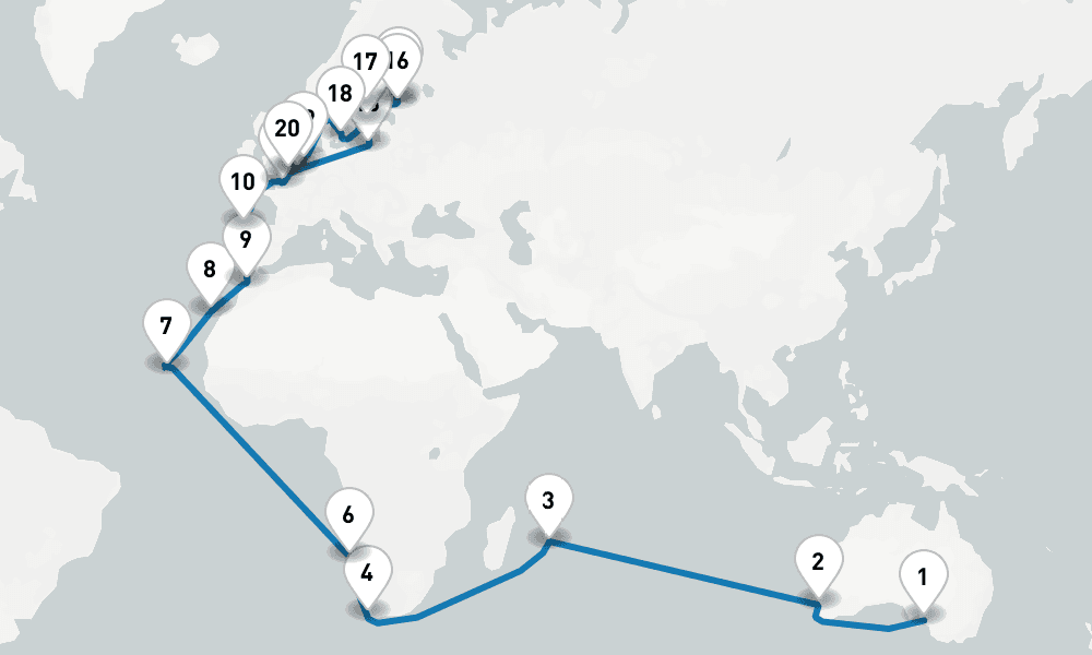 51 days, one-way from Adelaide to Dover 52日間