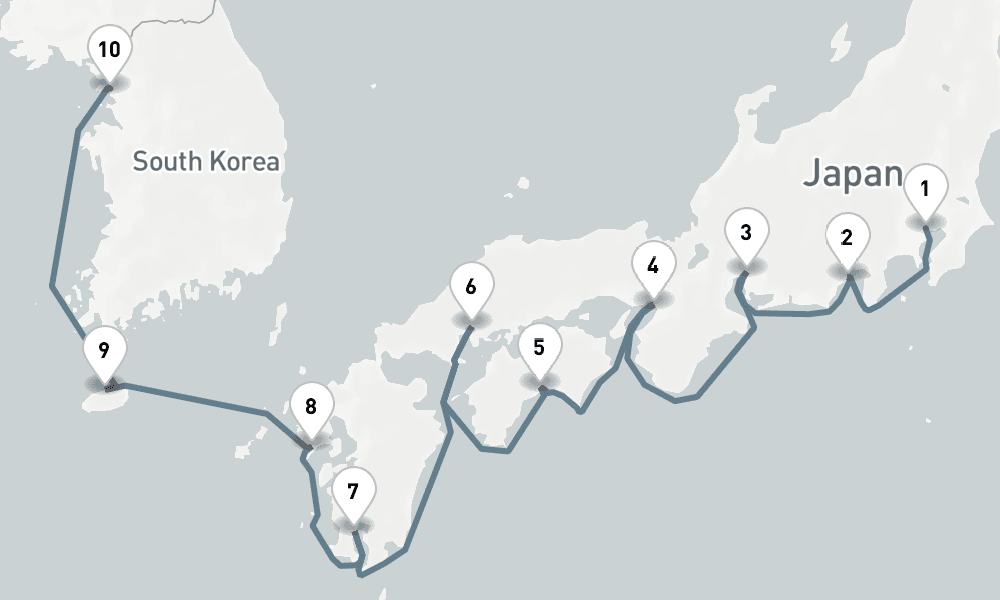 12 nights / 13 days, one-way from Tokyo to Incheon (Seoul, South Korea)