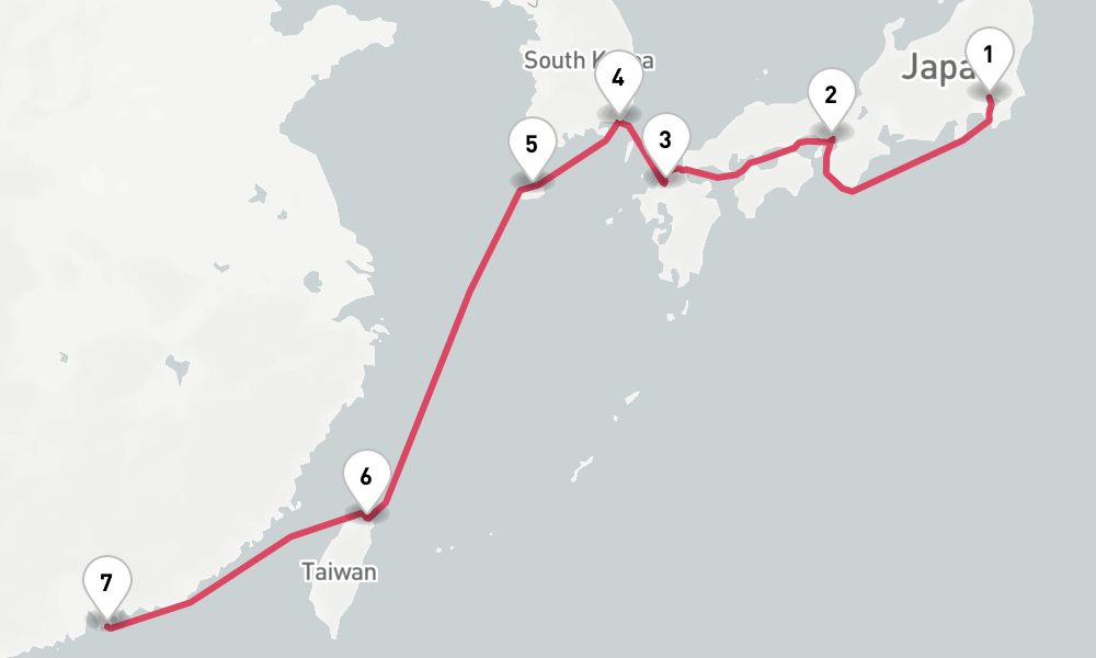 10 days, one-way from Tokyo to Hong Kong 11日間