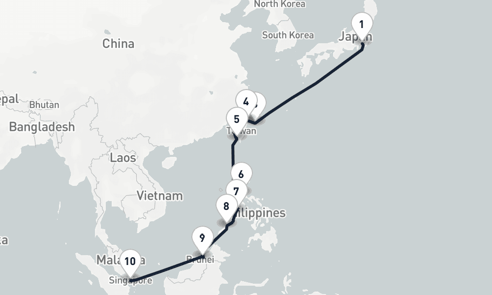 15 days, one-way from Yokohama to Singapore 16日間