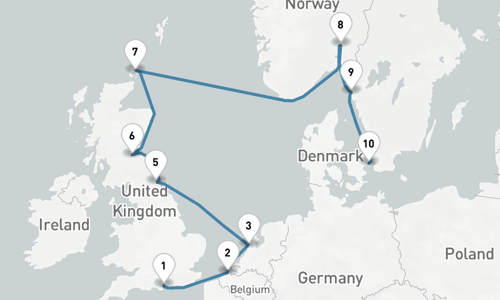 11 days, one-way from Portsmouth UK to Copenhagen 12日間