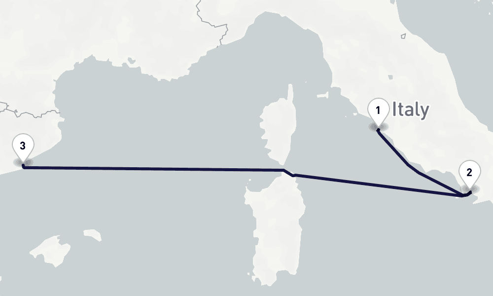 3 days, one-way from Civitavecchia-Rome to Barcelona 4日間