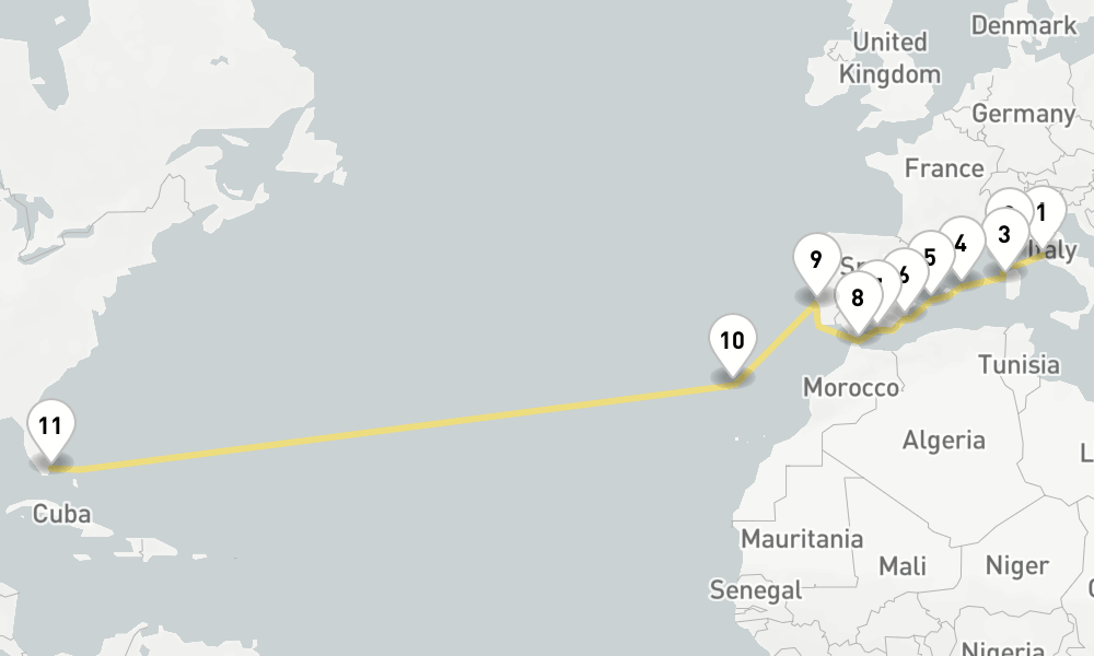 21 days, one-way from Civitavecchia-Rome to Miami 22日間