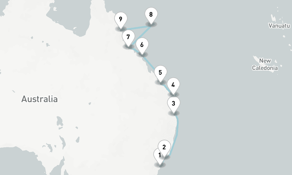 10 days, one-way from Sydney to Cairns 11日間
