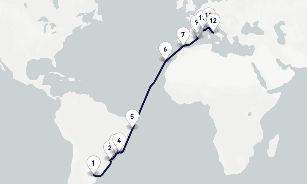22 days, one-way from Buenos Aires to Civitavecchia-Rome 23日間