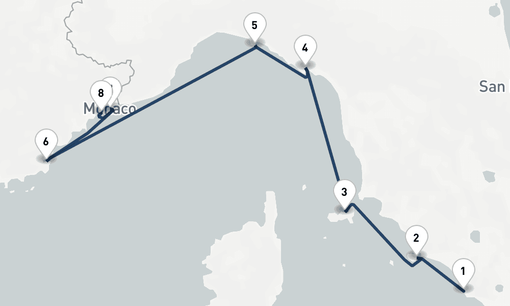 7 days, one-way from Civitavecchia-Rome to Villefranche-sur-Mer 8日間