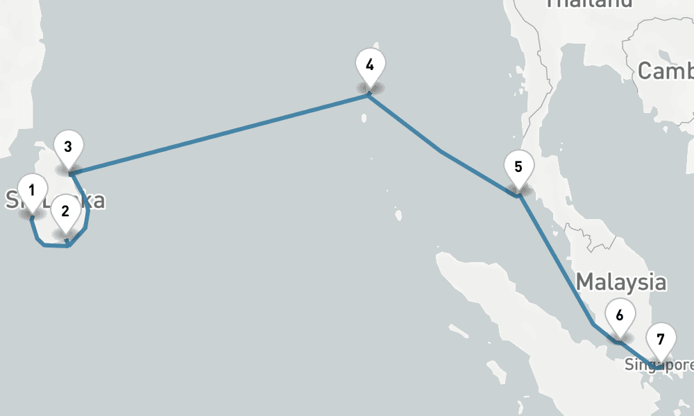 10 days, one-way from Colombo to Singapore 11日間