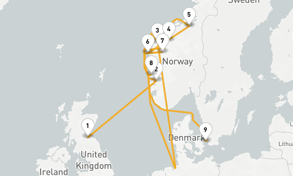10 days, one-way from Leith-Edinburgh to Copenhagen 11日間