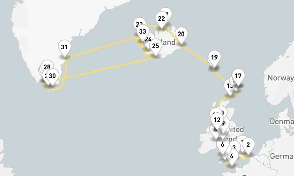 40 days, one-way from London-Greenwich to Reykjavik 41日間