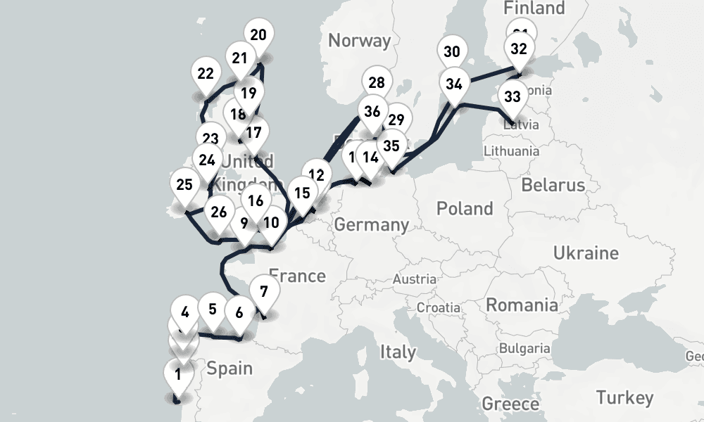 43 days, one-way from Lisbon to Southampton 44日間