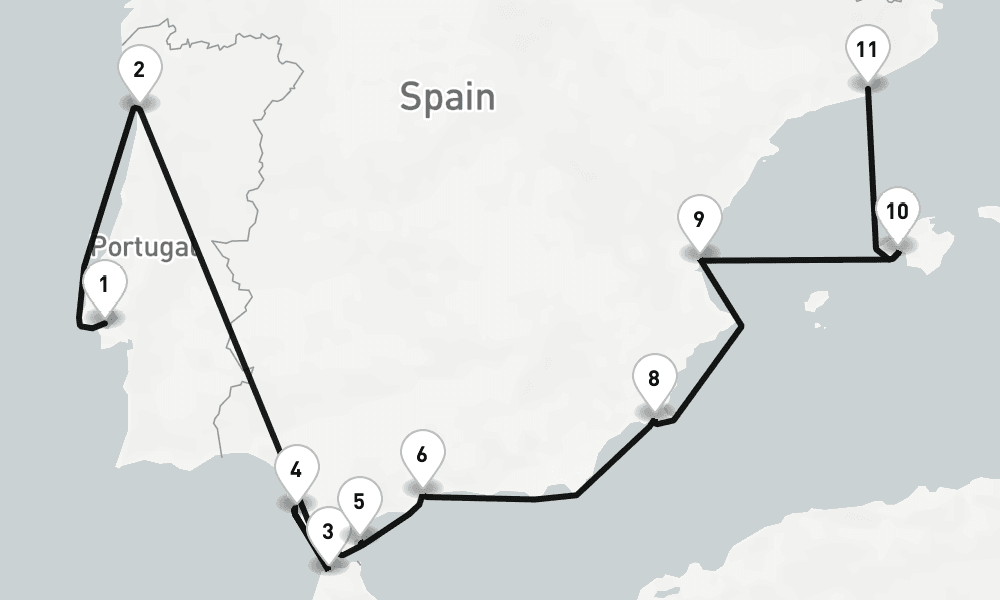 11 days, one-way from Lisbon to Barcelona 12日間