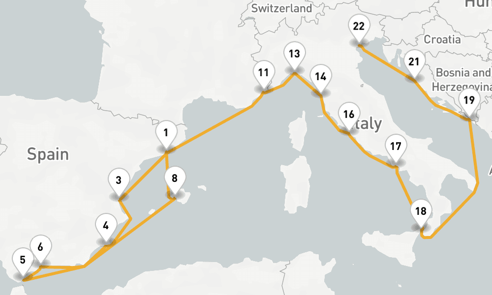 24 days, one-way from Barcelona to Venice 25日間