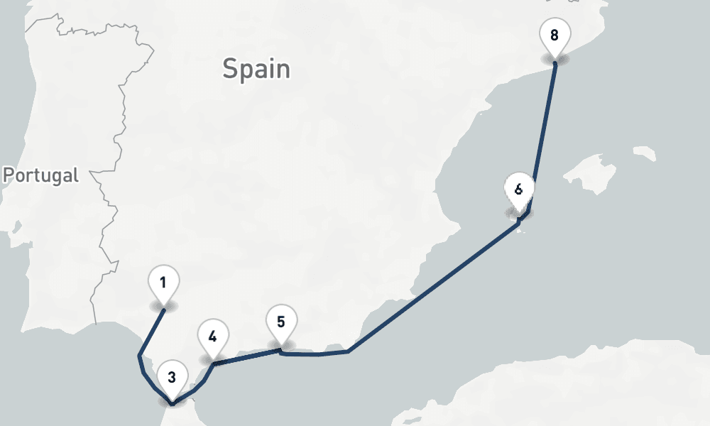 7 nights / 8 days, one-way from Seville to Barcelona
