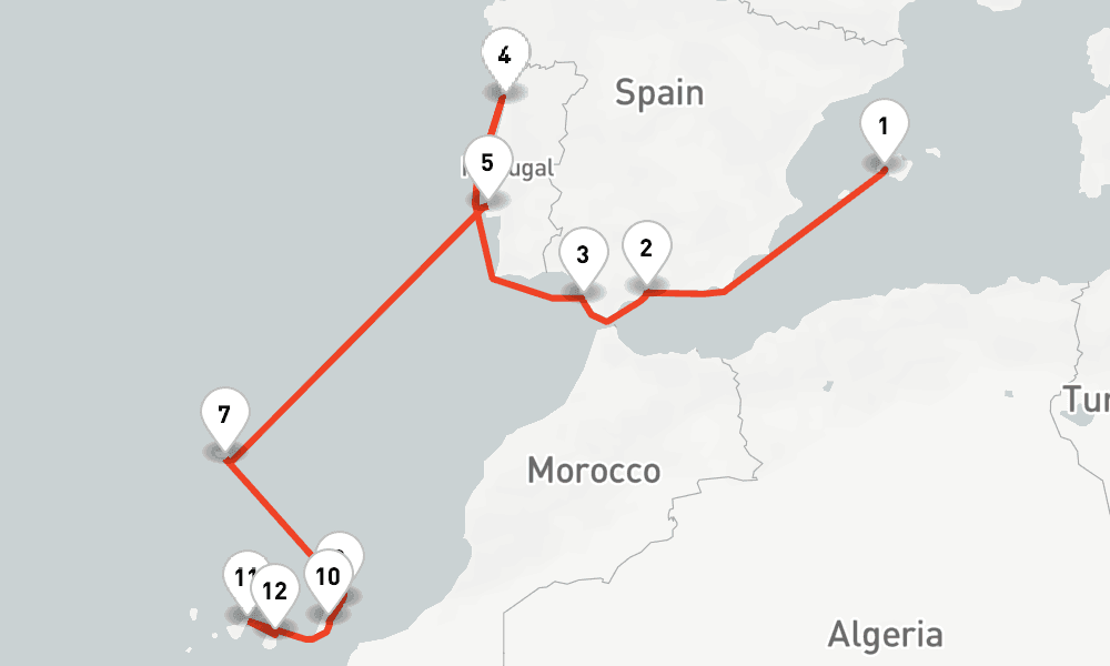 14 days, one-way from Palma de Mallorca to Las Palmas de Gran Canaria 15日間