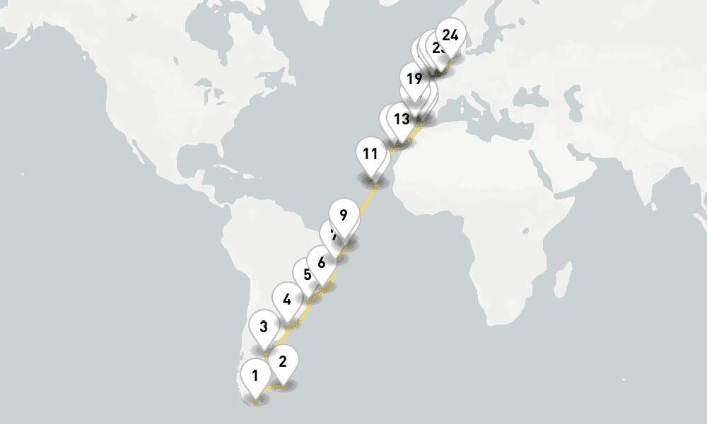 45 days, one-way from Ushuaia to Amsterdam 46日間