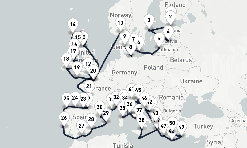 67 days, one-way from Helsinki to Piraeus-Athens 68日間