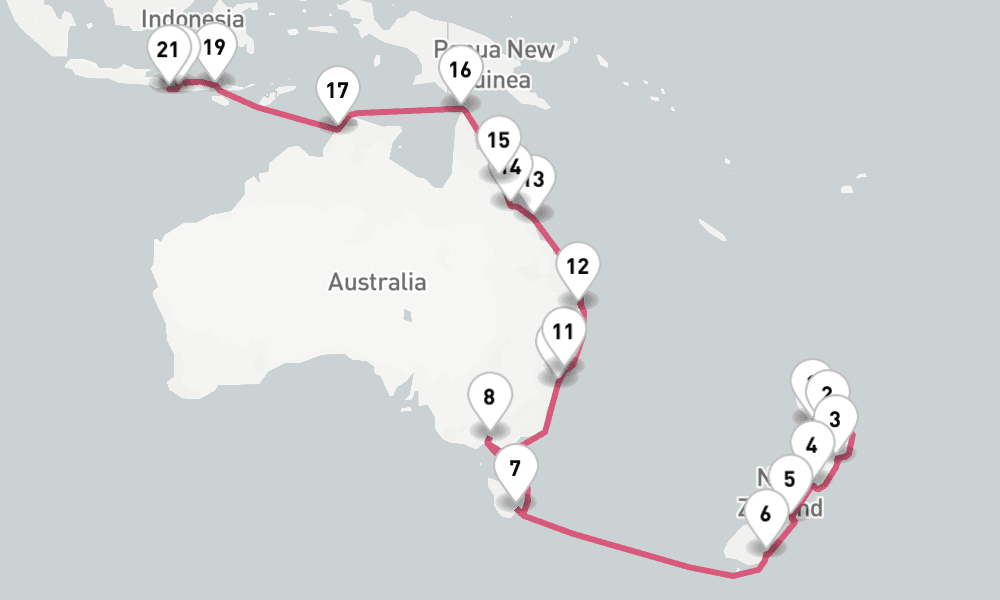 30 nights / 31 days, one-way from Auckland to Benoa (Bali, Indonesia)