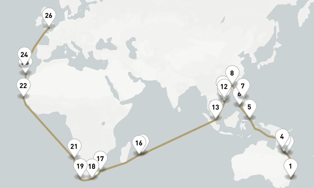 65 days, one-way from Sydney to Southampton 66日間