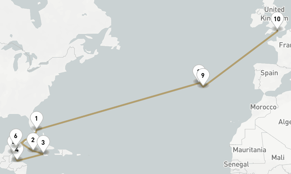 21 days, one-way from Miami to Southampton 22日間