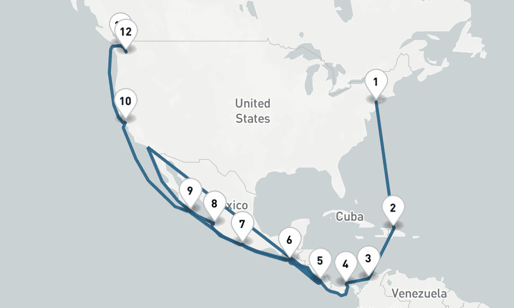 22 days, one-way from New York to Seattle 23日間