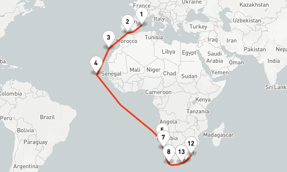 34 days, one-way from Palma de Mallorca to Cape Town 35日間