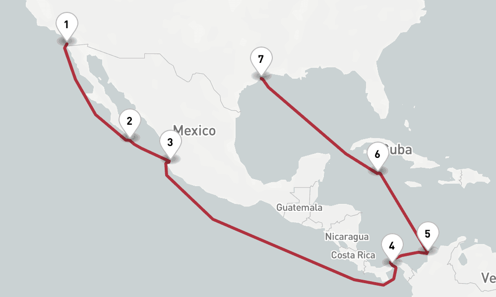 14 days, one-way from San Diego to Galveston 15日間