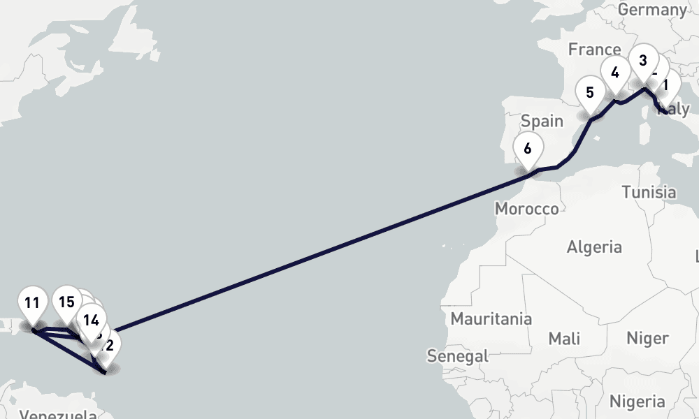 25 days, one-way from Civitavecchia-Rome to La Romana 26日間