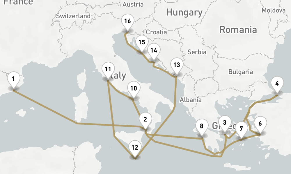 21 days, one-way from Barcelona to Trieste 22日間
