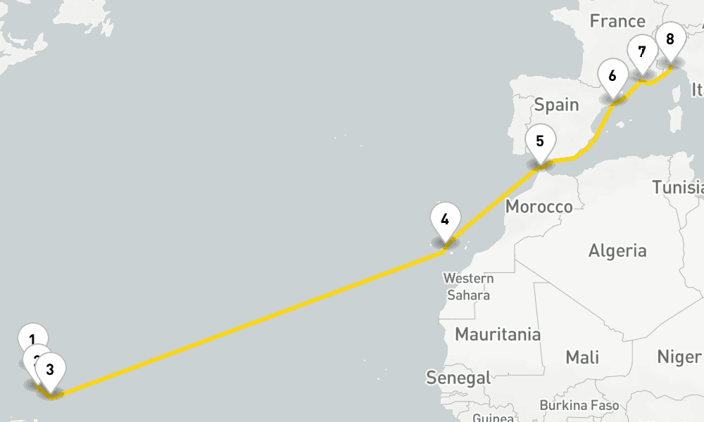 15 days, one-way from Pointe-a-Pitre to Savona 16日間