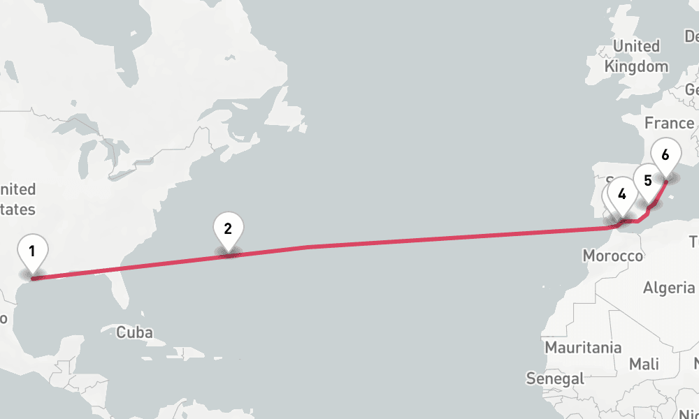 15 days, one-way from Galveston to Barcelona 16日間