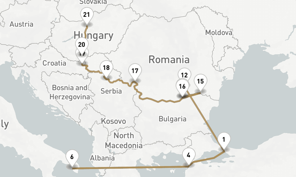 14 nights / 15 days, one-way from Istanbul to Budapest