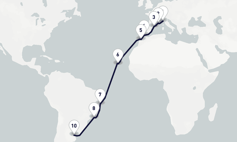 21 days, one-way from Genoa to Buenos Aires 22日間