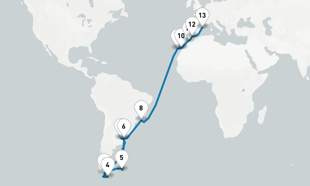 35 days, one-way from Buenos Aires to Barcelona 36日間