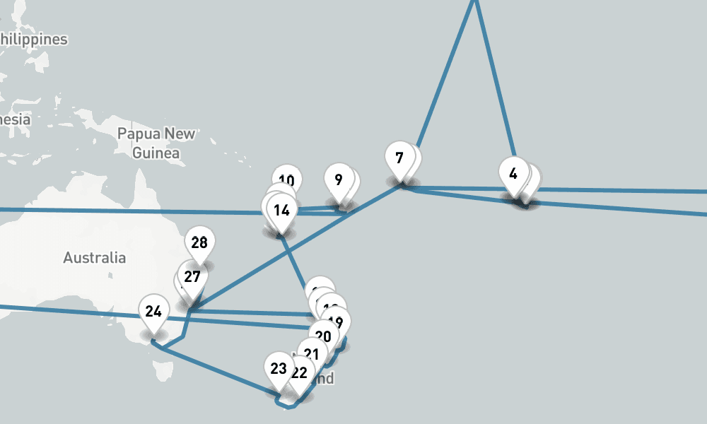 38 days, one-way from Papeete to Brisbane 39日間