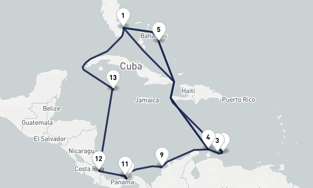 21 days, round-trip Southern Caribbean Panama Canal Abc Islands 22日間