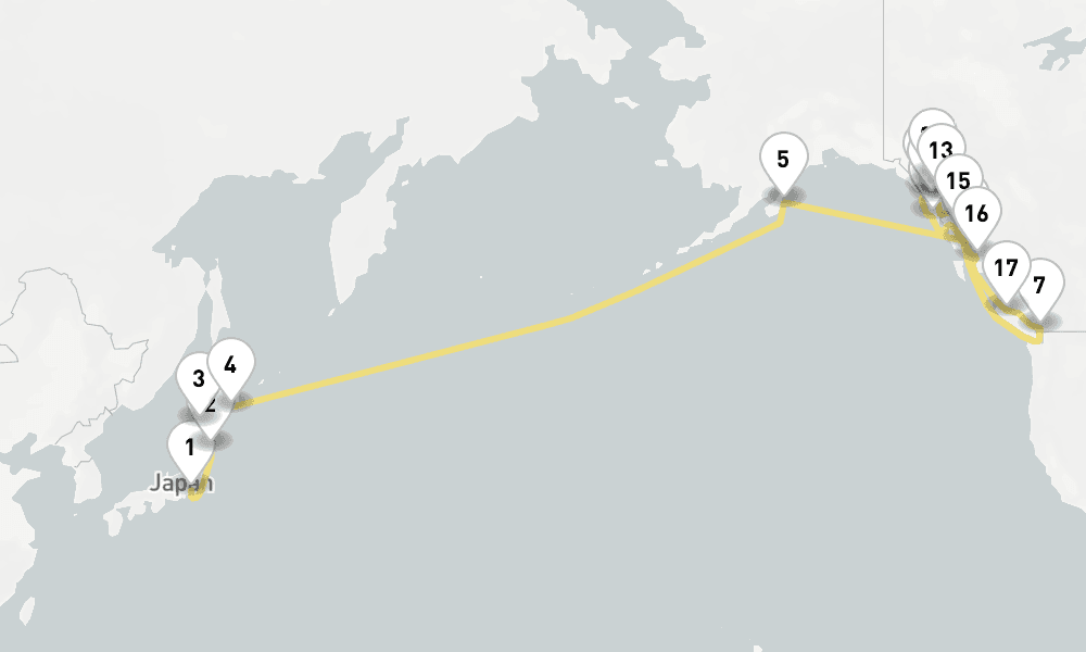 32 days, one-way from Tokyo to Vancouver 33日間