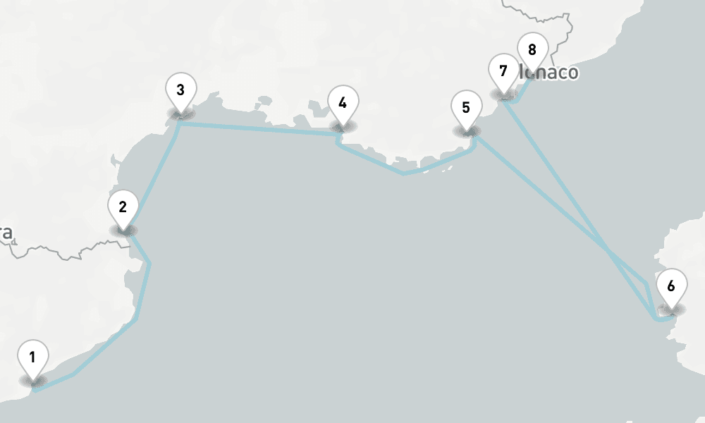 7 nights / 8 days, one-way from Barcelona to Villefranche-sur-Mer (Nice, France Riviera)