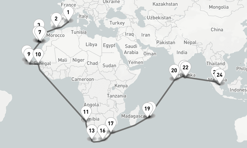 52 days, one-way from Palma de Mallorca to Singapore 53日間