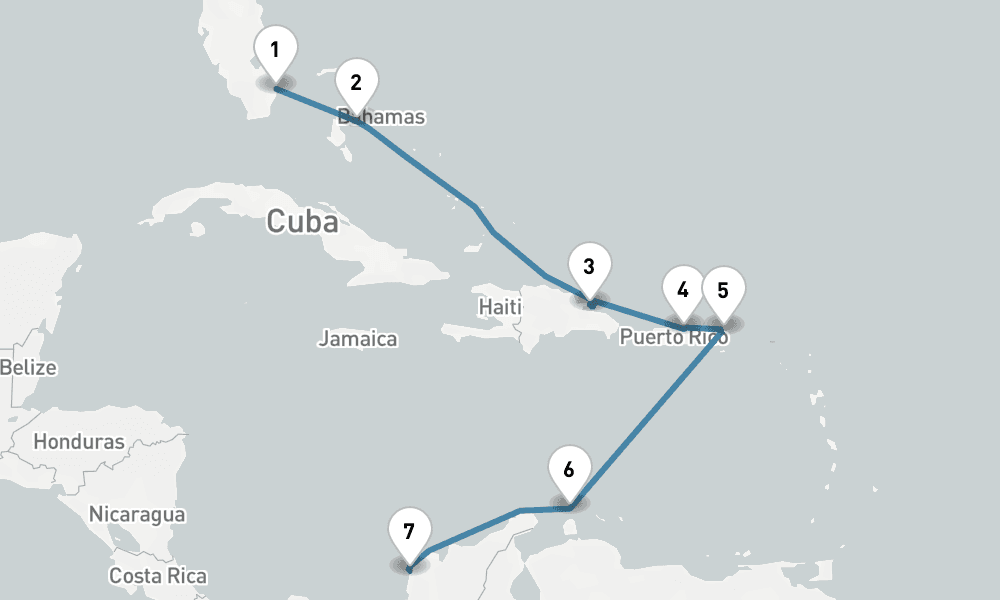 9 days, one-way from Fort Lauderdale to Cartagena Colombia 10日間