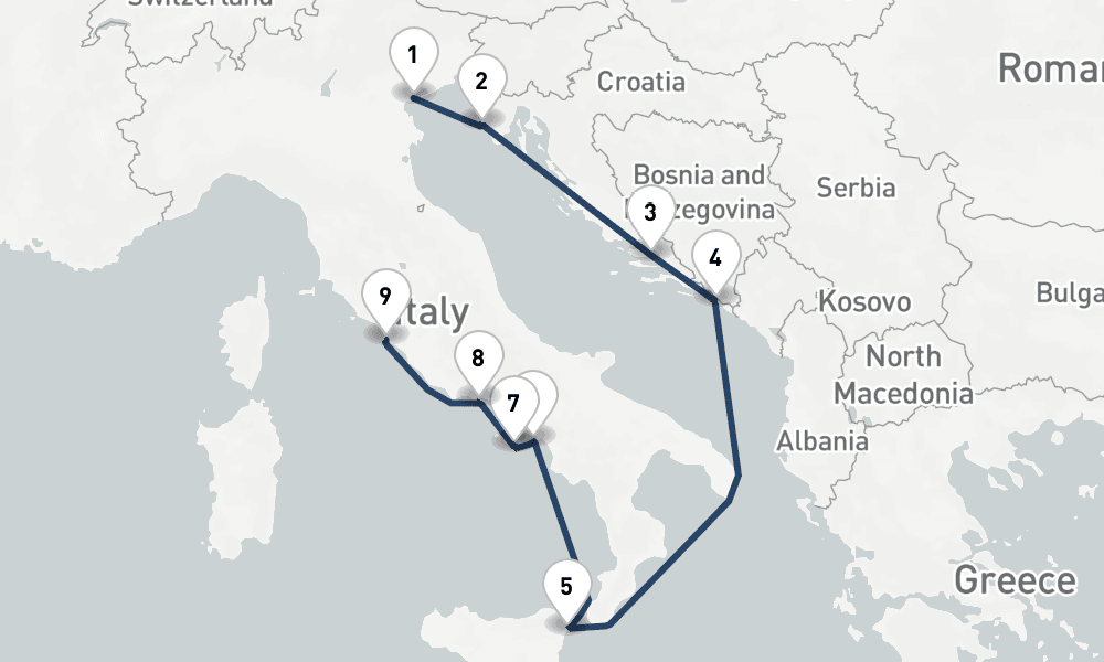 10 days, one-way from Venice to Civitavecchia-Rome 11日間